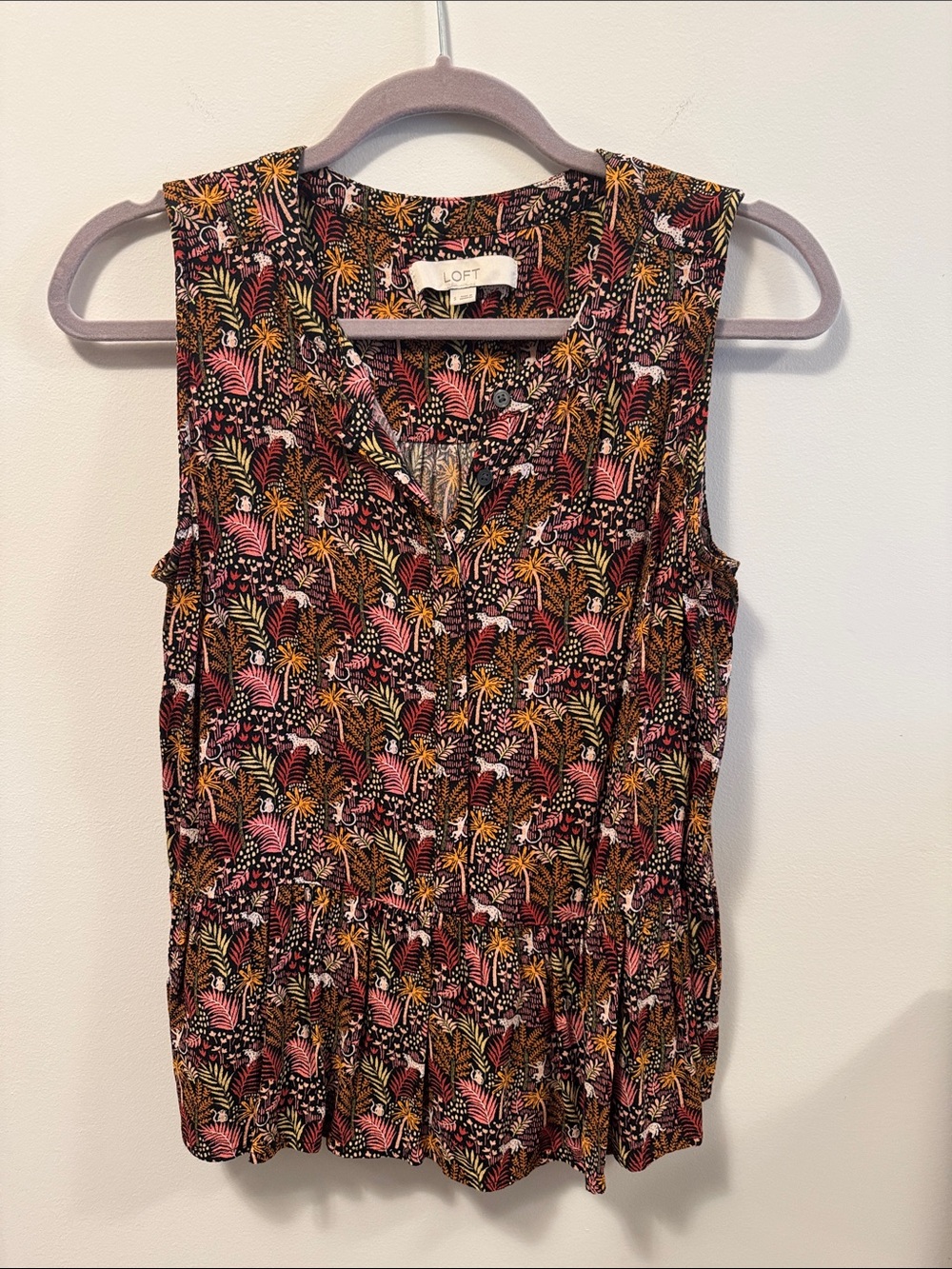 LOFT Black Sleeveless Peplum Blouse with Pink & Yellow Floral Print